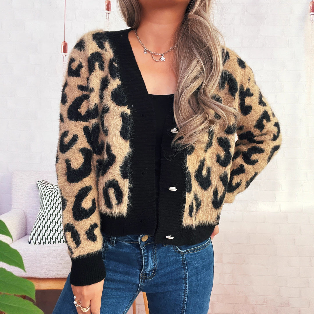 Damen oversized Strickjacke mit tierischem Leopardenmuster und knöpfbarem Design Drune