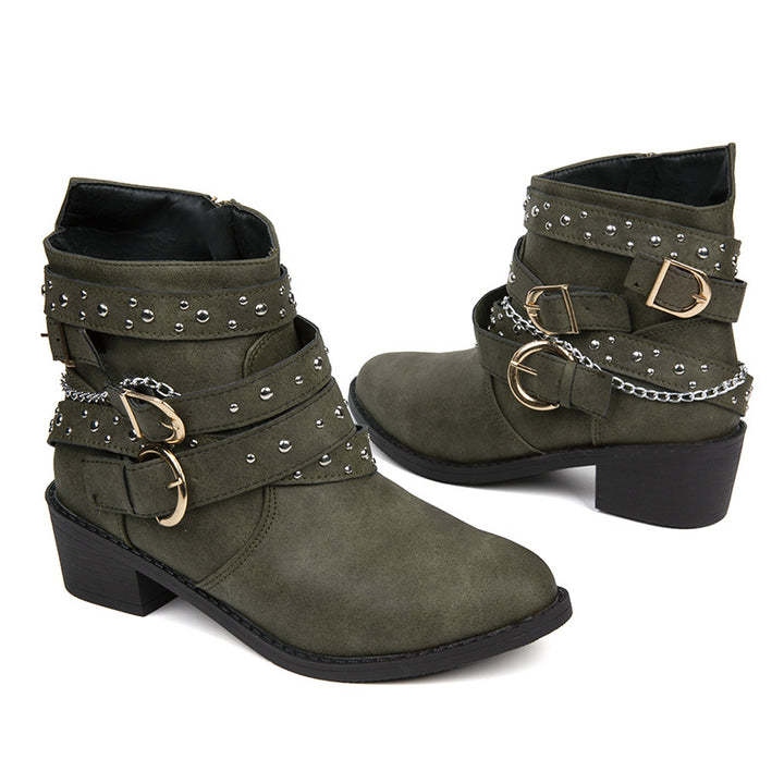 Damen nan knöchelhohe Biker-Stiefelette mit Nietenriemen, Ketten- und Dornschließen-Details Drune