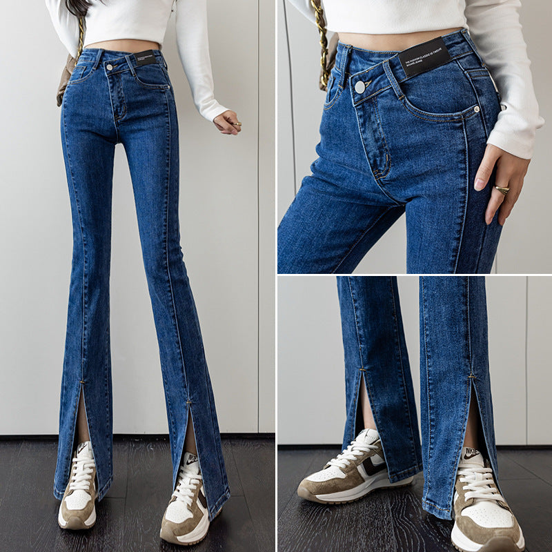 Damen Flared Jeans mit hohem Taillenbund und seitlichen Schlitzen Drune
