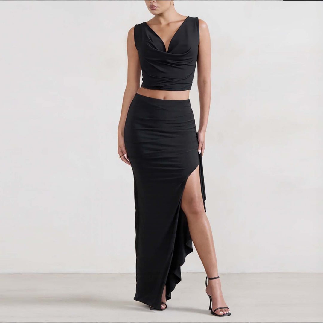Damen Elegantes Crop-Top und Maxi-Rock Set mit hohem Schlitz Drune