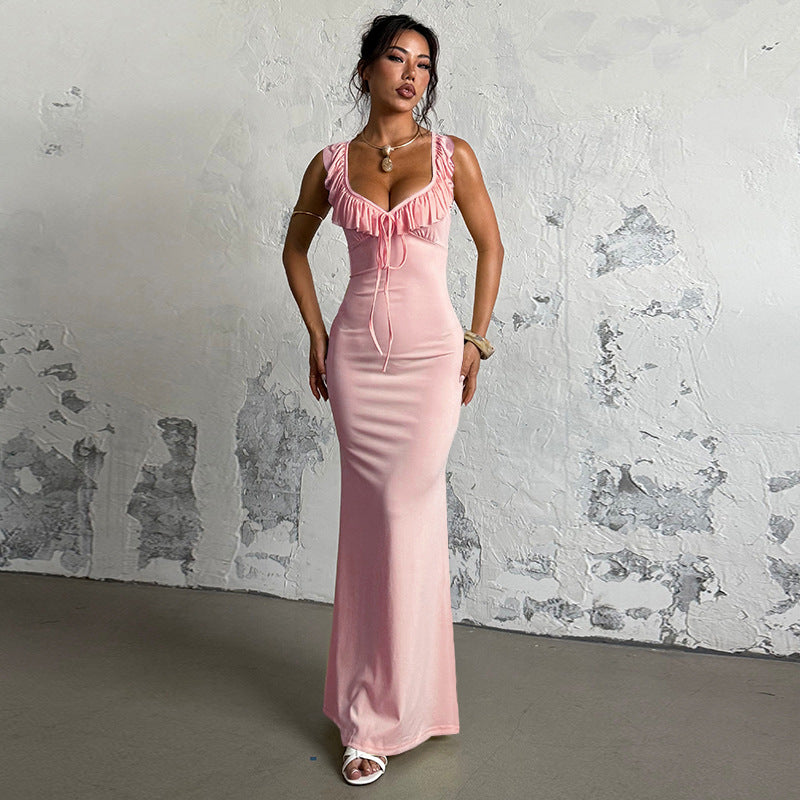 Damen figurbetontes Maxikleid mit Rüschendetails und tiefem Ausschnitt Drune