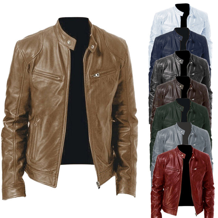 Herren nan schlanke Echtleder-Bikerjacke mit Stehkragen, zwei Brust-Reißverschlusstaschen und geradliniger Silhouette Drune