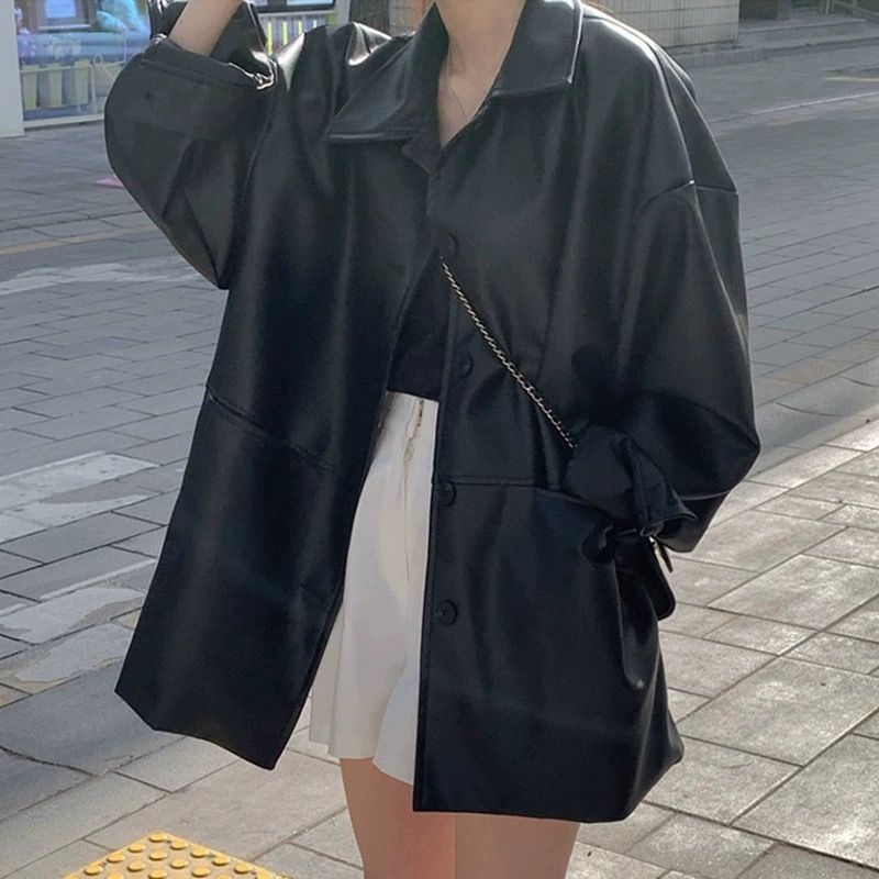 Damen Modische Lederjacke im Oversized-Stil mit klassischem Kragen und dekorativen Knöpfen Drune
