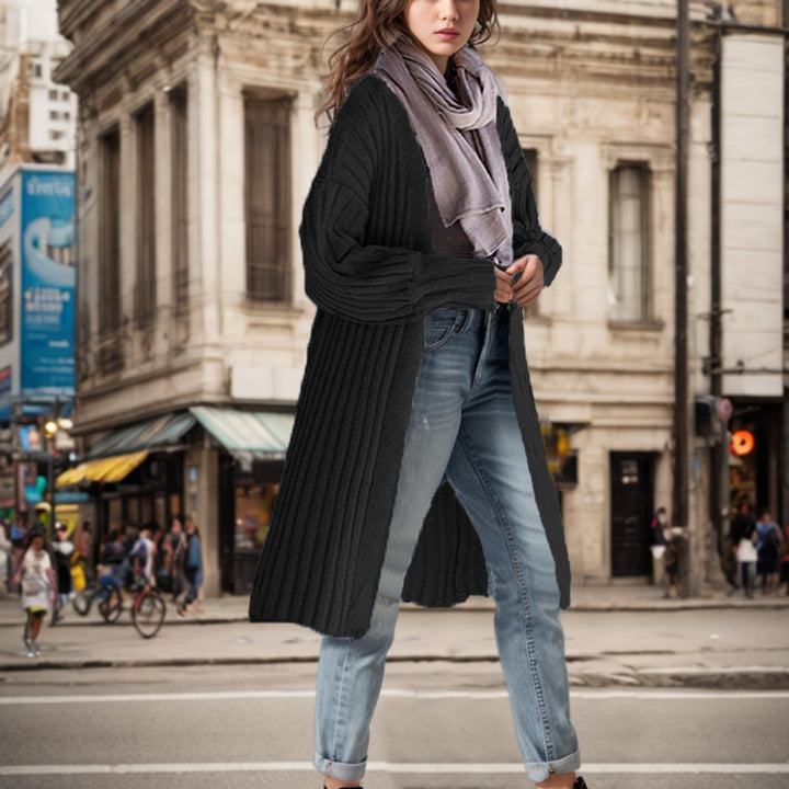 Damen Langer Strickmantel mit eleganten Rippstrukturen und weitem Schnitt Drune