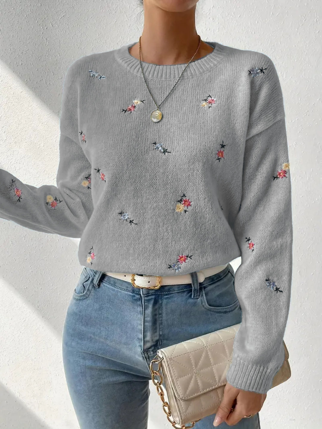 Damen festlicher Pulli mit floralen Stickereien und lässigem Schnitt Drune