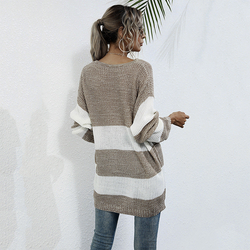 Damen lockerer Strickpullover mit breiten Streifen Drune