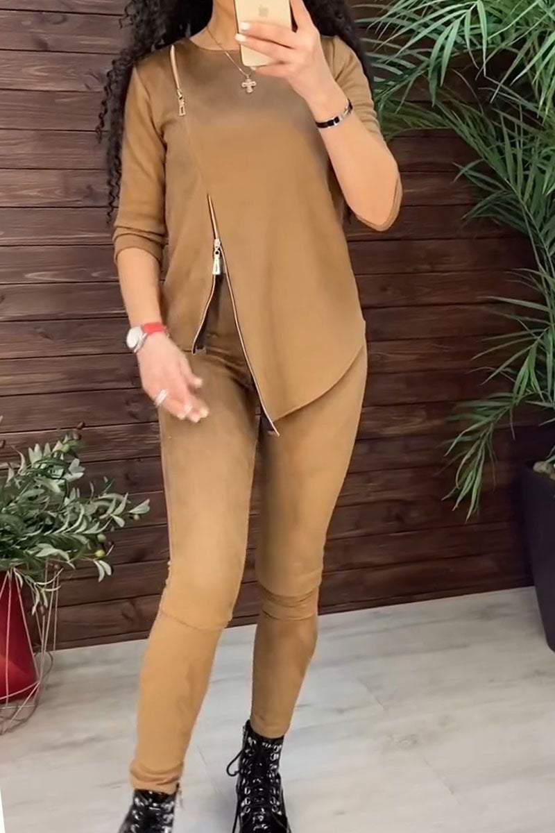 Damen modisches Velours-Loungewear-Set mit Reißverschluss Drune