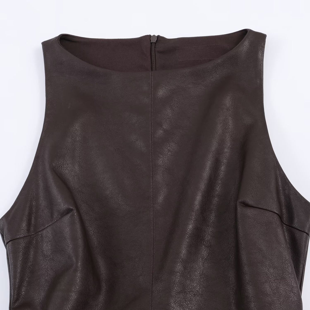 Damen ärmelloses Kunstlederkleid mit voluminösem Rock Drune