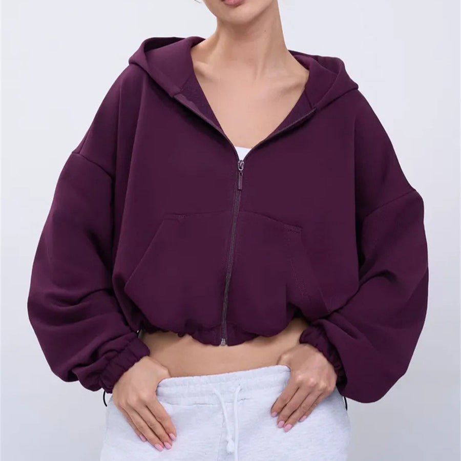 Damen Cropped Kapuzenjacke mit Reißverschluss und übergroßen Ärmeln Drune
