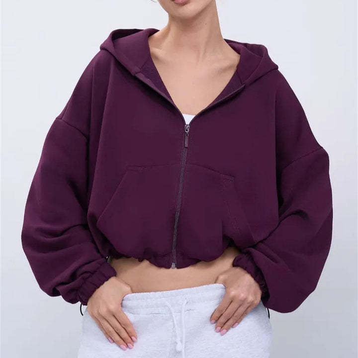 Damen Cropped Kapuzenjacke mit Reißverschluss und übergroßen Ärmeln Drune