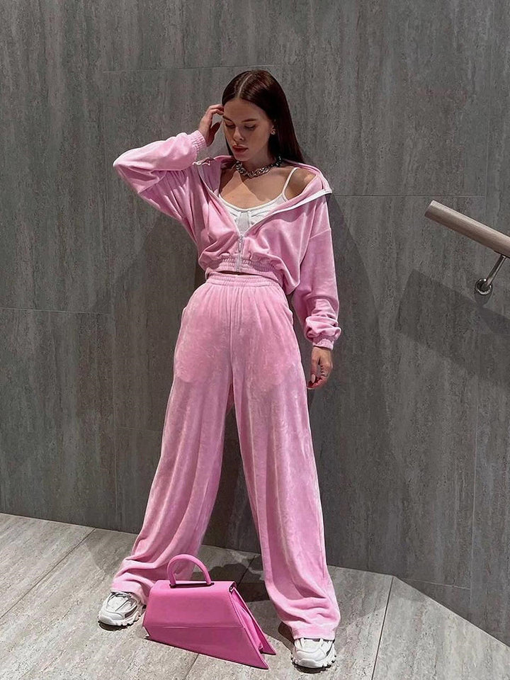 Damen Velours-Loungewear-Set mit hohem Kragen und elastischem Bund Drune