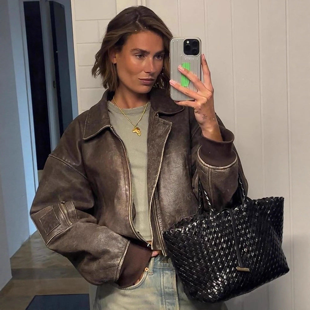 Damen Leder Bomberjacke mit lässigem Schnitt und Zipper-Details Drune