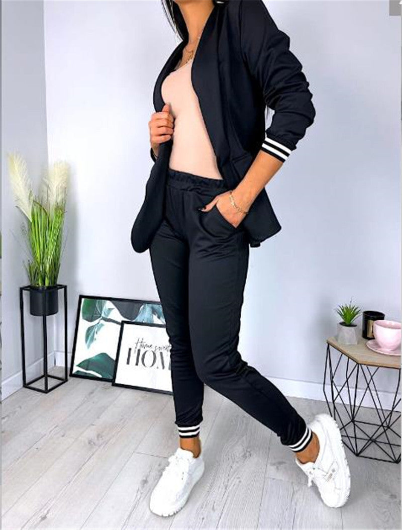 Damen nan sportlich-elegantes Blazer-Jogginghose Zweiteiler mit elastischem Bund und Bündchen Drune
