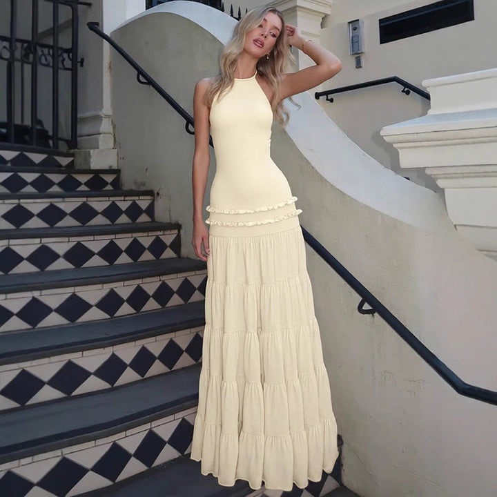 Damen Elegantes Spaghetti-Träger Maxikleid mit Rüschendetails Drune
