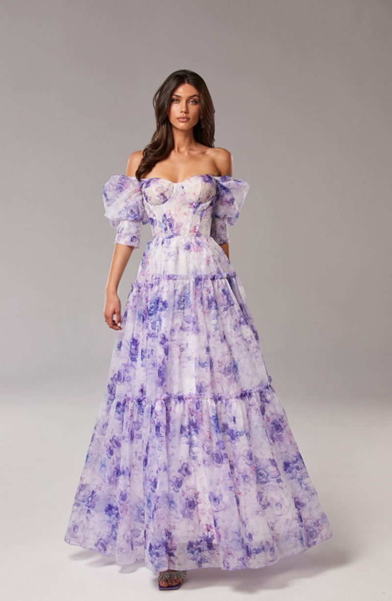 Damen Elegantes Maxikleid mit schulterfreien Rüschenärmeln und floralen Akzenten Drune