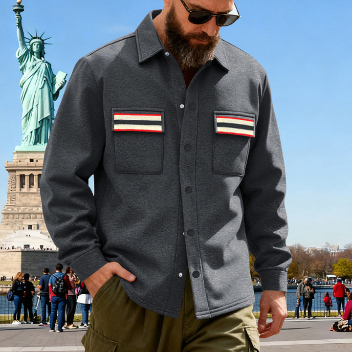 Herren nan Overshirt aus gewalktem Sweat mit aufgesetzten Brusttaschen und Retro-Streifen Drune