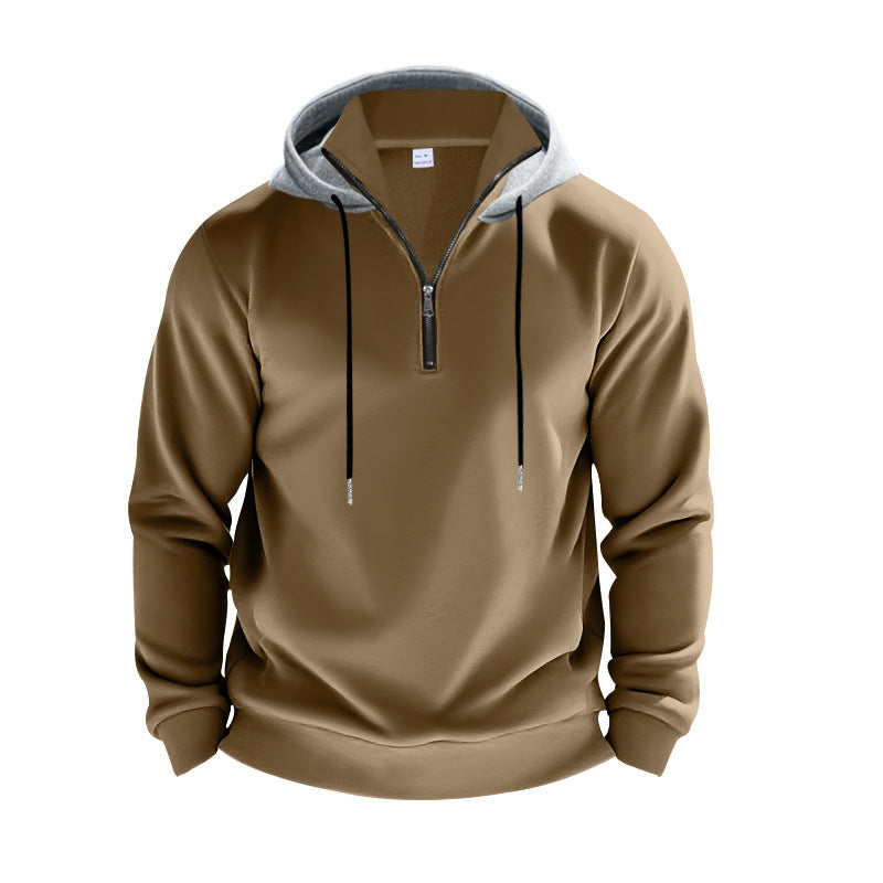 Herren nan sportives Kapuzen-Sweatshirt mit kurzem Frontreißverschluss, kontrastgefütterter Kapuze und elastischen Rippbündchen Drune