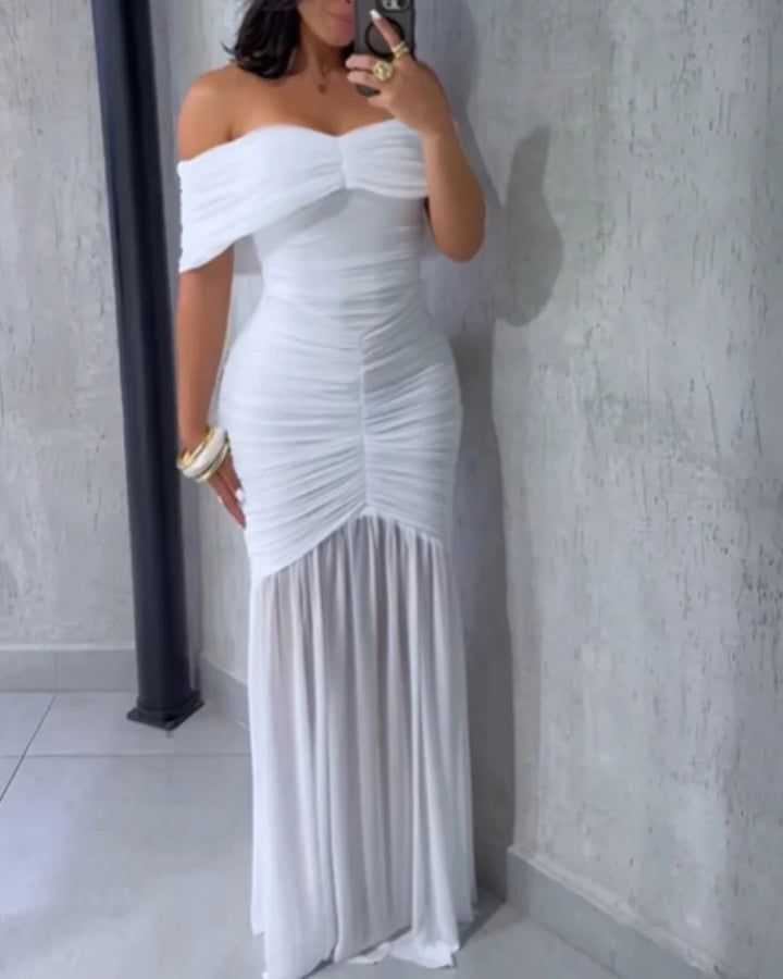 Damen Off-Shoulder Maxikleid mit elegantem Raffungseffekt Drune