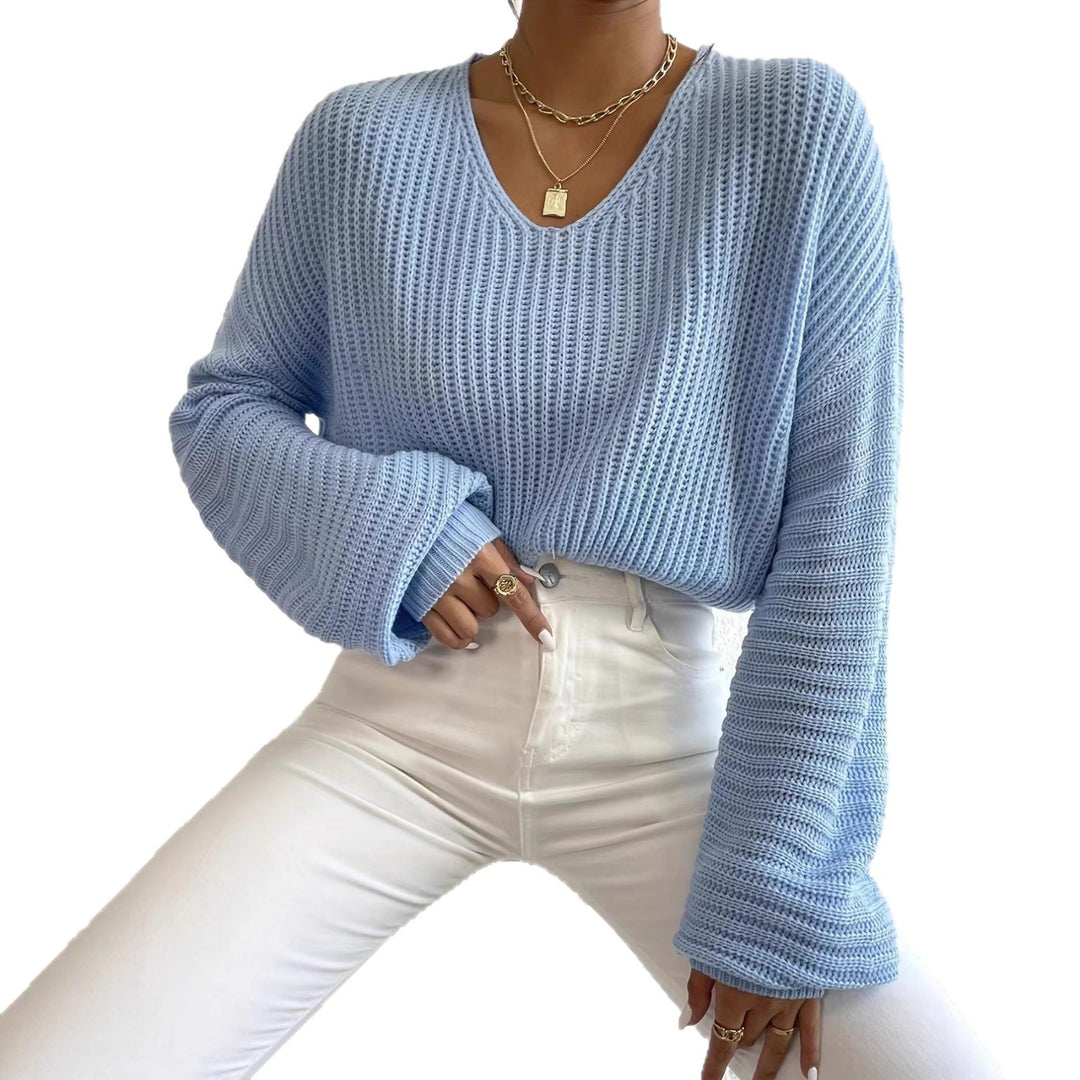 Damen luftiger Strickpullover mit weitem V-Ausschnitt und langen Ärmeln Drune