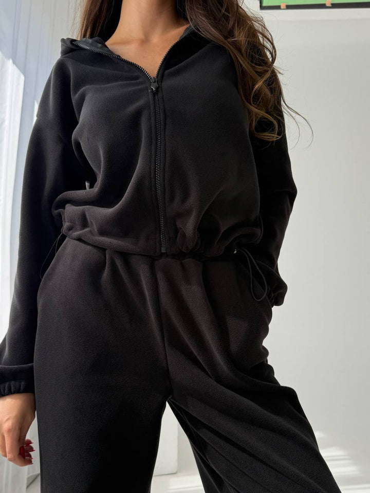 Damen bequemer Fleece-Sweatanzug mit elastischem Bund und modischen Details Drune