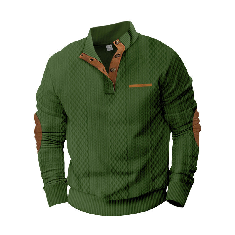 Herren nan strukturierter Stehkragen-Pullover mit halber Knopfleiste und Ellbogen-Patches Drune