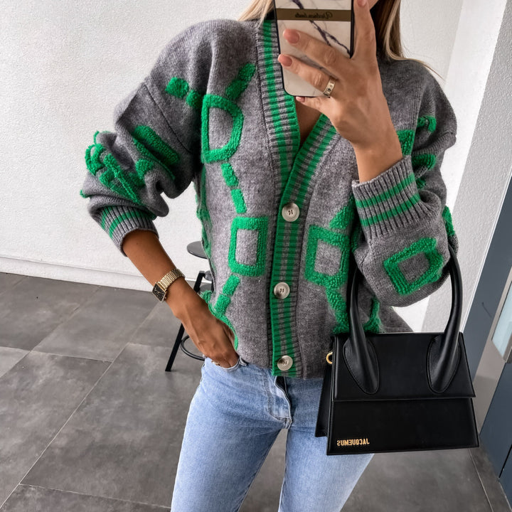 Damen stilvolle Strickjacke mit geometrischem Muster und bequemer Passform Drune