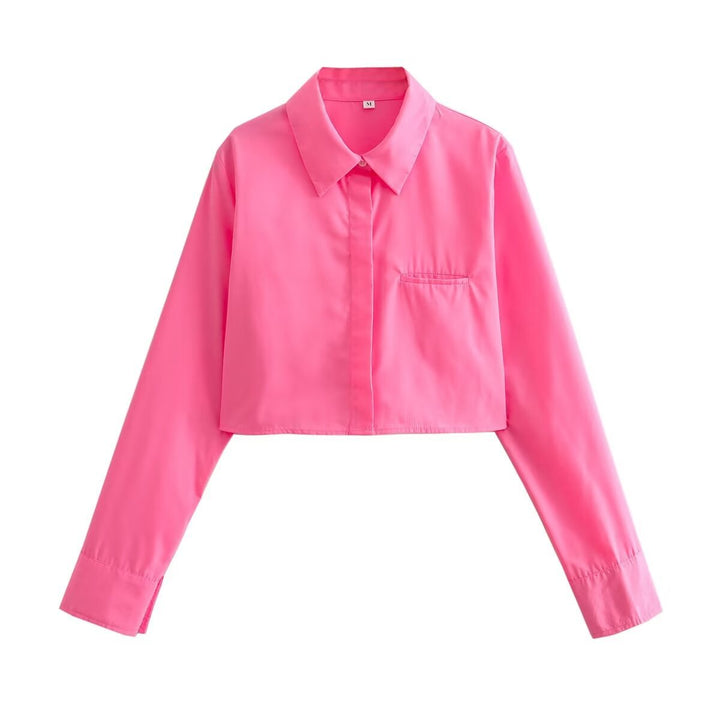 Damen cropped Bluse mit klassischem Kragen und praktischen Brusttaschen Drune