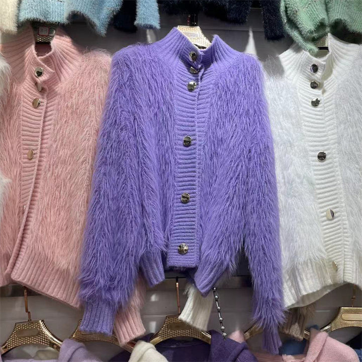 Damen kuschelige Strickjacke mit Knopfverschluss und hohem Kragen Drune