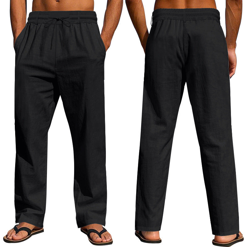 Herren nan leichte Baumwoll Leinen Freizeit-Hose mit Tunnelzug geradem Schnitt Drune
