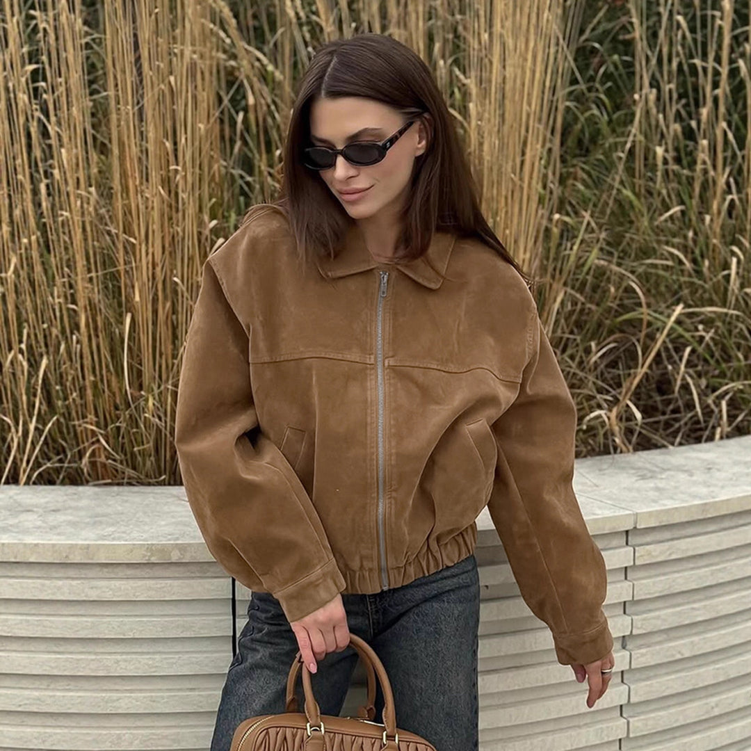 Damen Modische Wildlederjacke mit elastischem Bund und asymmetrischem Kragen Drune