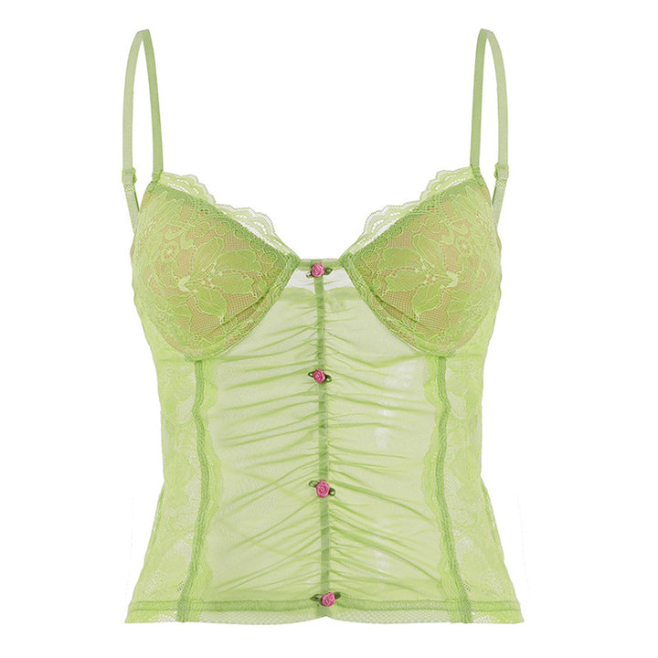 Damen Spitzen-Camisole mit wunderschöner Raffung und knopfartigen Akzenten Drune