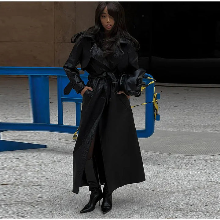 Damen Modische Kunstleder-Trenchjacke mit hohem Kragen Drune