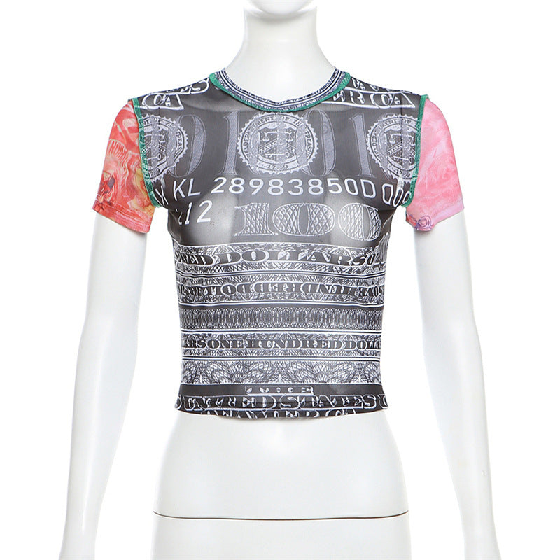 Damen Crop-Top mit kunstvollem Geldmotiv und farbenfrohem Ärmeldesign Drune