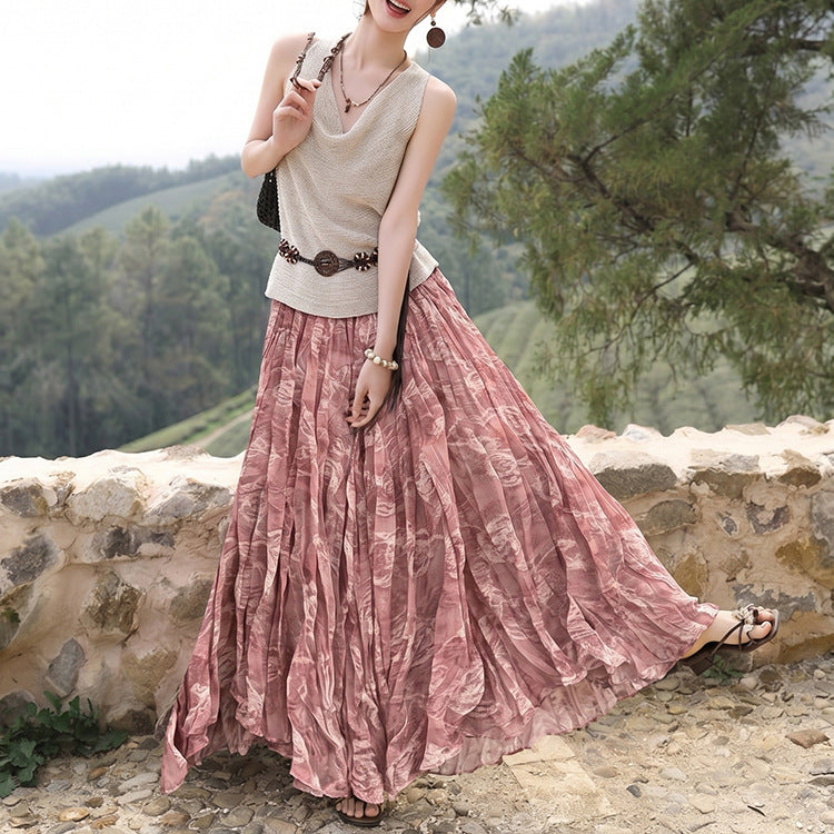 Damen nan fein gefalteter Midirock mit Vintage Blumenprint und elastischem Taillenbund Drune
