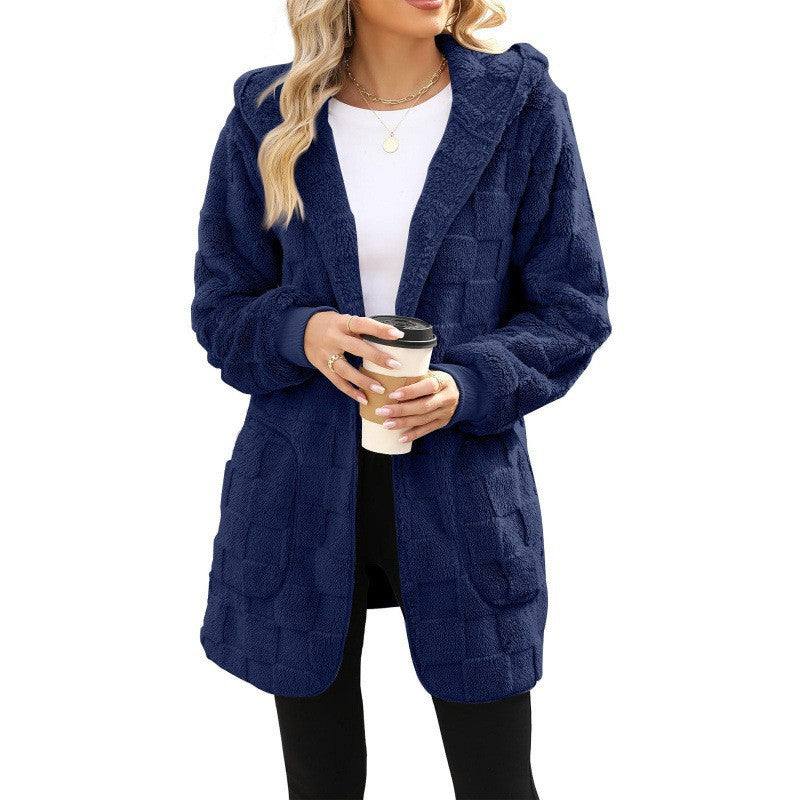 Damen nan kuschelige Kapuzen-Longjacke aus Teddyfleece mit aufgesetzten Taschen und strukturierter Karooptik Drune