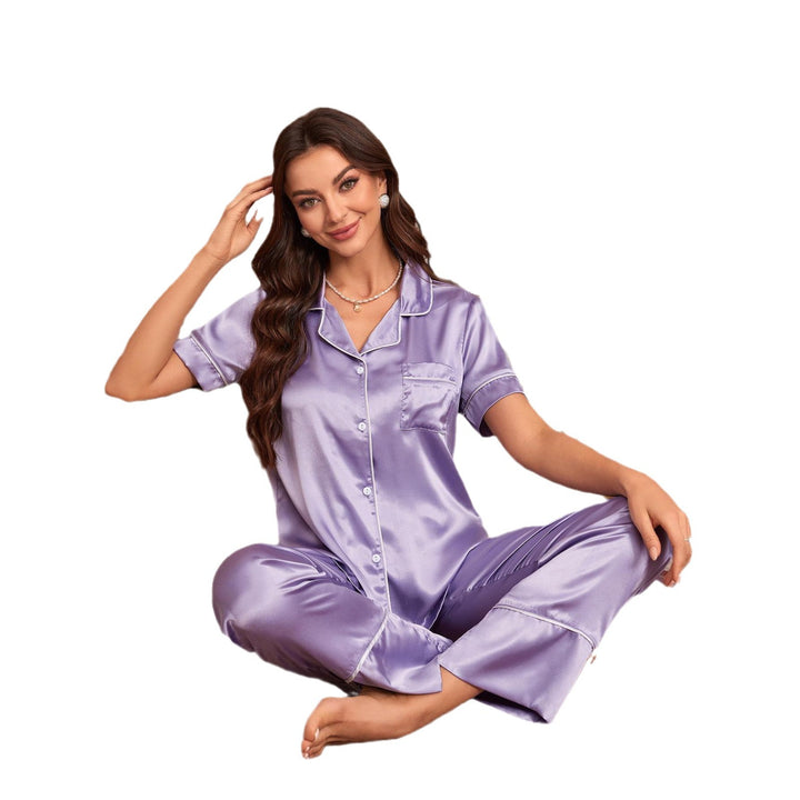 Damen Satin Pyjama-Set mit elegantem Kragen und Knopfleiste Drune