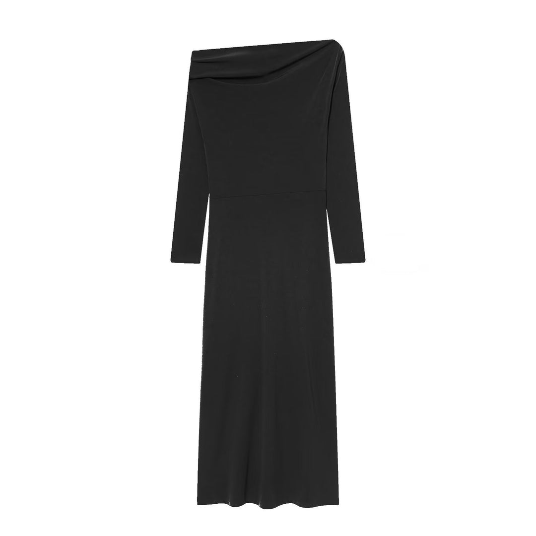 Damen elegantes Maxikleid mit asymmetrischem Ausschnitt und dekorativer Drapierung Drune