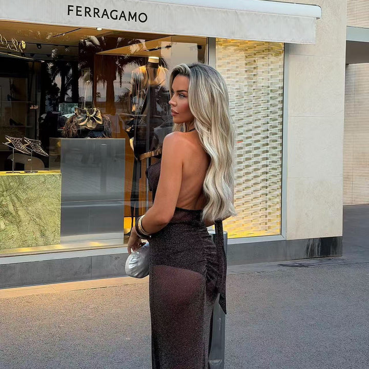 Damen schimmerndes Abendkleid mit tiefem V-Ausschnitt und Taillengürtel Drune