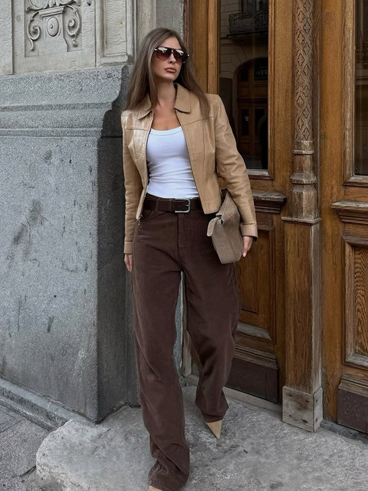 Damen elegante Kunstlederjacke mit klassischem Kragen Drune
