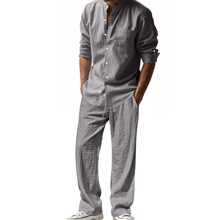 Herren entspannendes Leinen-Outfit im lässigen Design mit durchgehender Knopfleiste und praktischen Taschen Drune
