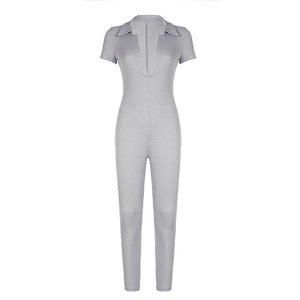 Damen figurbetonter Jumpsuit mit Kragen und Kurzarm Drune