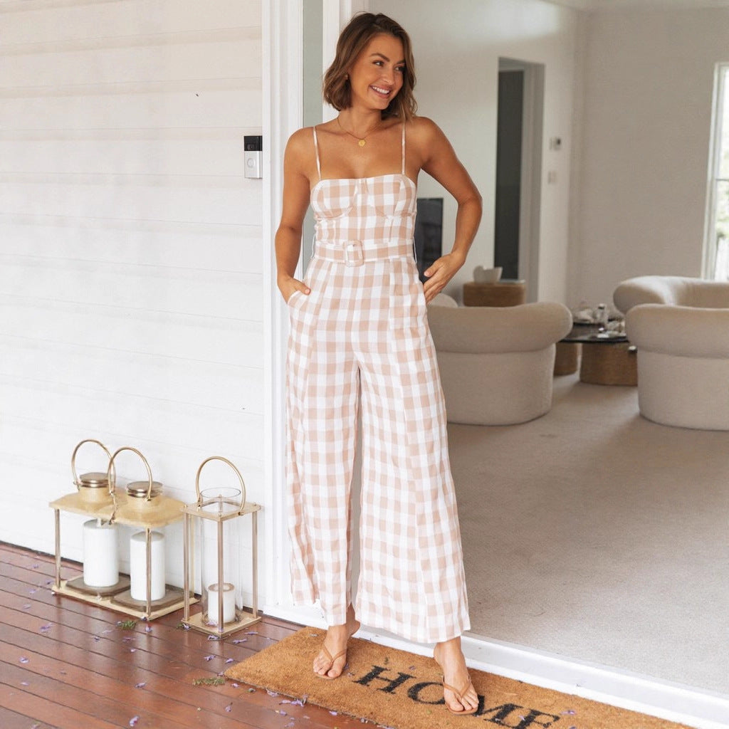 Damen Jumpsuit mit Gingham-Muster und Taillengürtel Drune