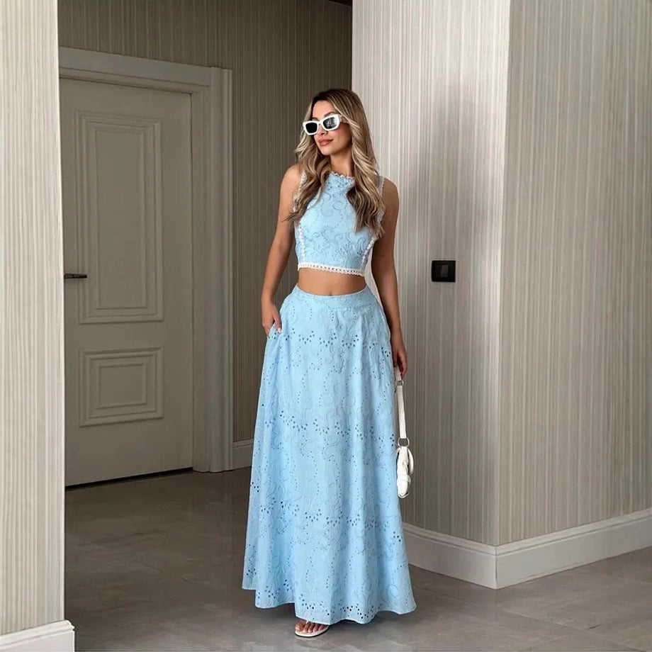 Damen Maxikleid mit filigranem Lochstickmuster und modischem Crop-Oberteil Drune