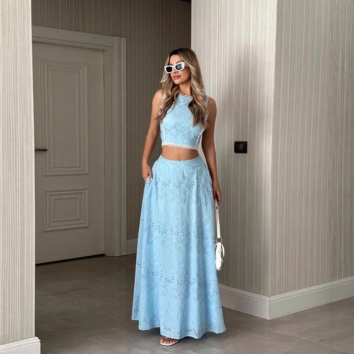 Damen Maxikleid mit filigranem Lochstickmuster und modischem Crop-Oberteil Drune