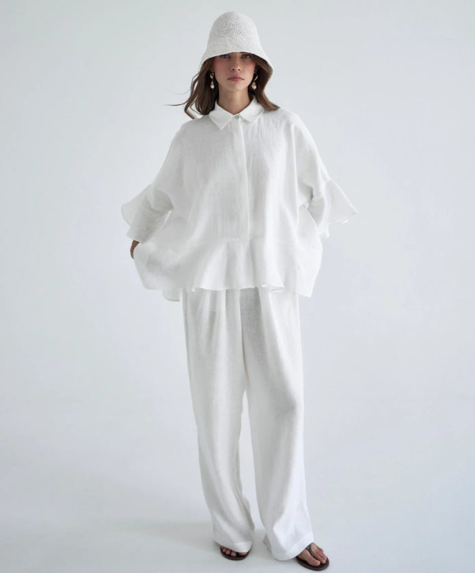 Damen Leinenbluse mit voluminösen Ärmeln und weiten Hosen Drune