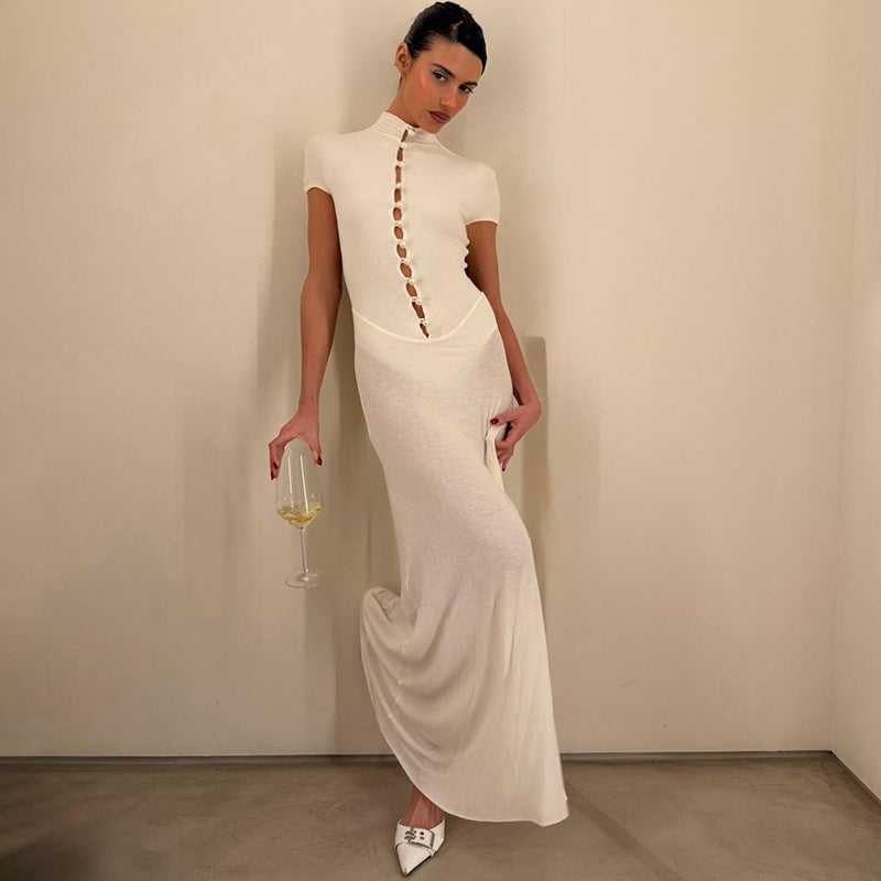Damen Elegantes Maxikleid mit kurzer Knopfleiste und transparentem Stoff Drune