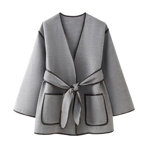 Damen elegante Wickeljacke mit praktischen Taschen Drune