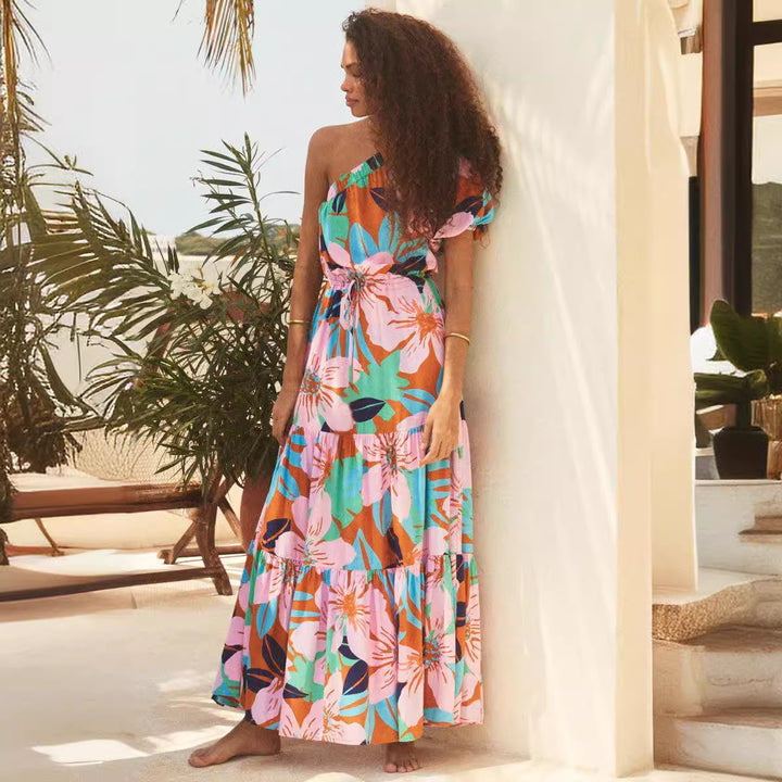 Damen Maxikleid mit raffiniertem One-Shoulder-Design und voluminösem Saum Drune
