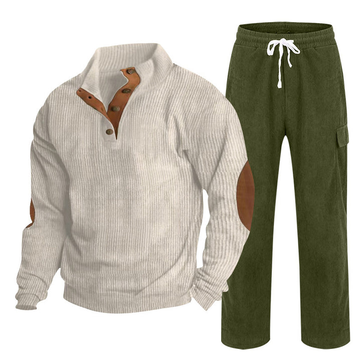 Herren nan strukturiertes Feinstrick-Halbknopf-Pullover und Feincord-Cargo-Zweiteiler Drune