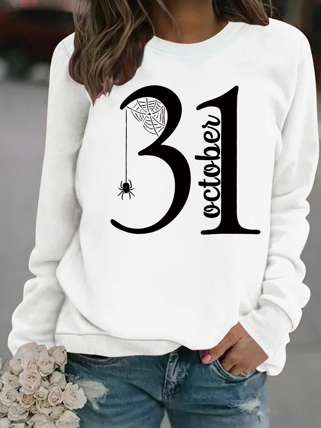 Damen Sweatshirt mit kreativem Halloween-Motiv und bequemer Passform Drune